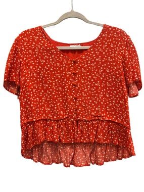 Harper Heritage Orange Floral Boho Ruffle Hem Short Sleeve Blouse Top Medium